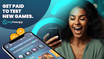 Banner de MyFreeApp con una mujer feliz y texto 'Get paid to test new games', mostrando un smartphone con la aplicación.