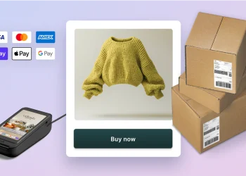 Composición de comercio electrónico con terminal de pago, tarjeta de producto con jersey amarillo y cajas de envío, junto a logotipos de métodos de pago – Mundo Chido