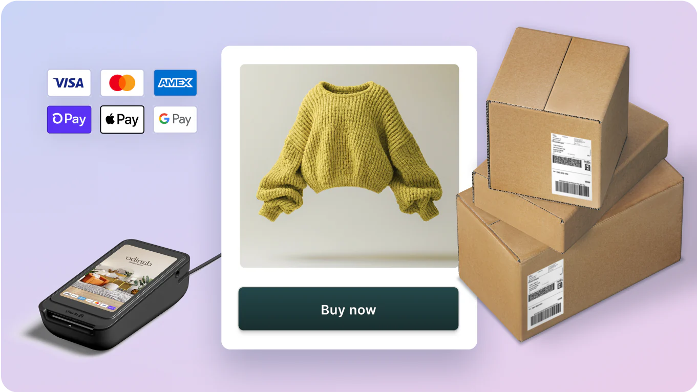 Composición de comercio electrónico con terminal de pago, tarjeta de producto con jersey amarillo y cajas de envío, junto a logotipos de métodos de pago – Mundo Chido