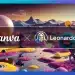 Gráfico que muestra la colaboración entre Canva y Leonardo.Ai sobre un paisaje surrealista de planetas y colinas de colores.