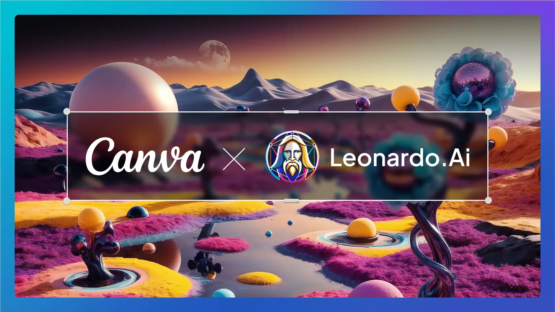Gráfico que muestra la colaboración entre Canva y Leonardo.Ai sobre un paisaje surrealista de planetas y colinas de colores.