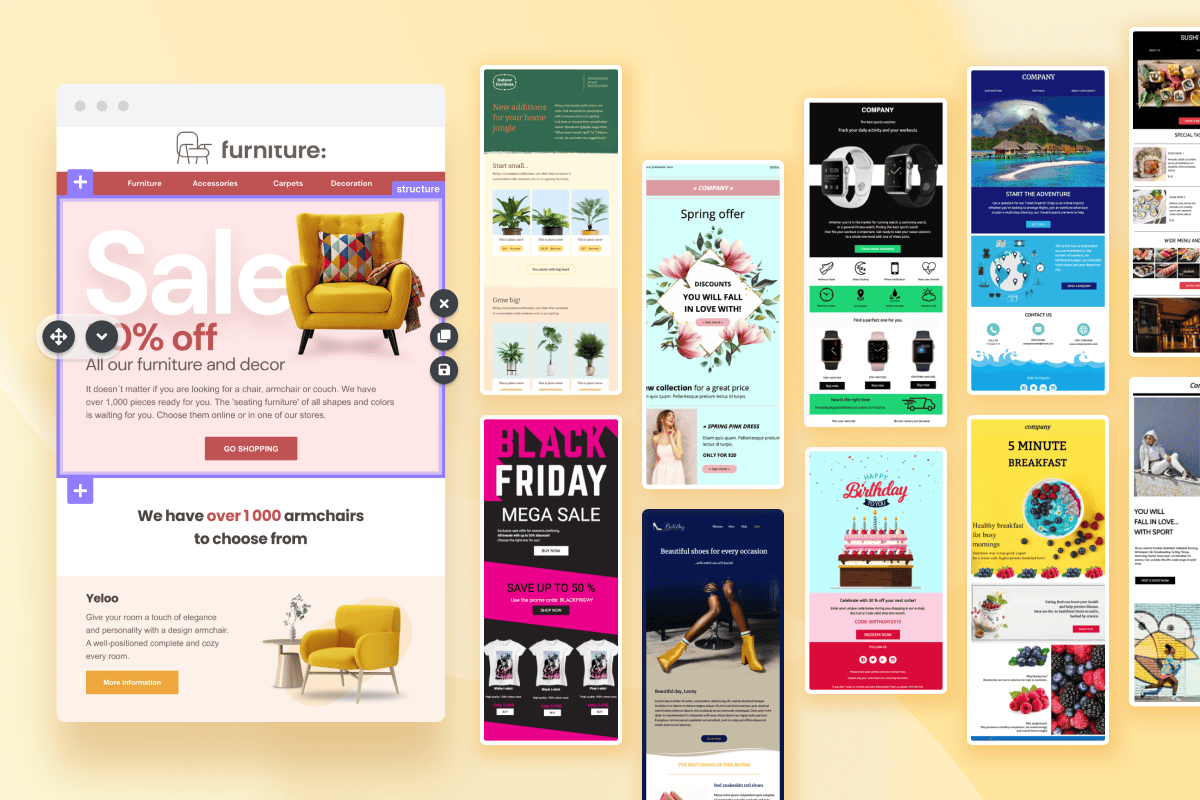 Collage de plantillas de marketing por correo electrónico con diseños de promociones, rebajas y productos, sobre fondo amarillo.