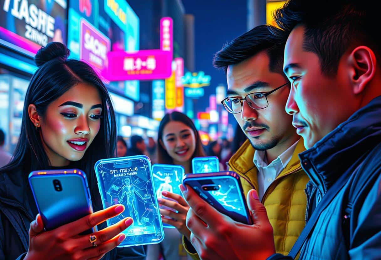 Grupo de jóvenes usando smartphones transparentes con hologramas en una calle iluminada con letreros de neón – Mundo Chido