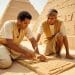 Dos hombres con túnicas tallando un relieve en piedra frente a un templo egipcio con jeroglíficos – Mundo Chido
