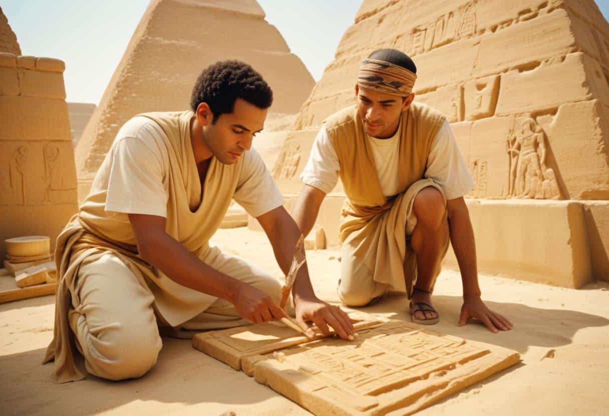 Dos hombres con túnicas tallando un relieve en piedra frente a un templo egipcio con jeroglíficos – Mundo Chido