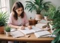 Joven con gafas organizando su agenda en un escritorio rodeado de plantas, revisando notas y escribiendo – Mundo Chido