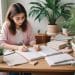 Joven con gafas organizando su agenda en un escritorio rodeado de plantas, revisando notas y escribiendo – Mundo Chido