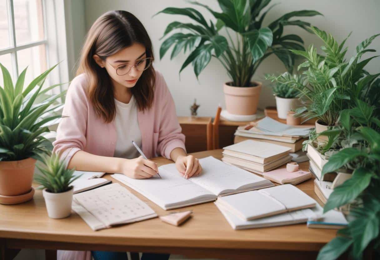 Joven con gafas organizando su agenda en un escritorio rodeado de plantas, revisando notas y escribiendo – Mundo Chido