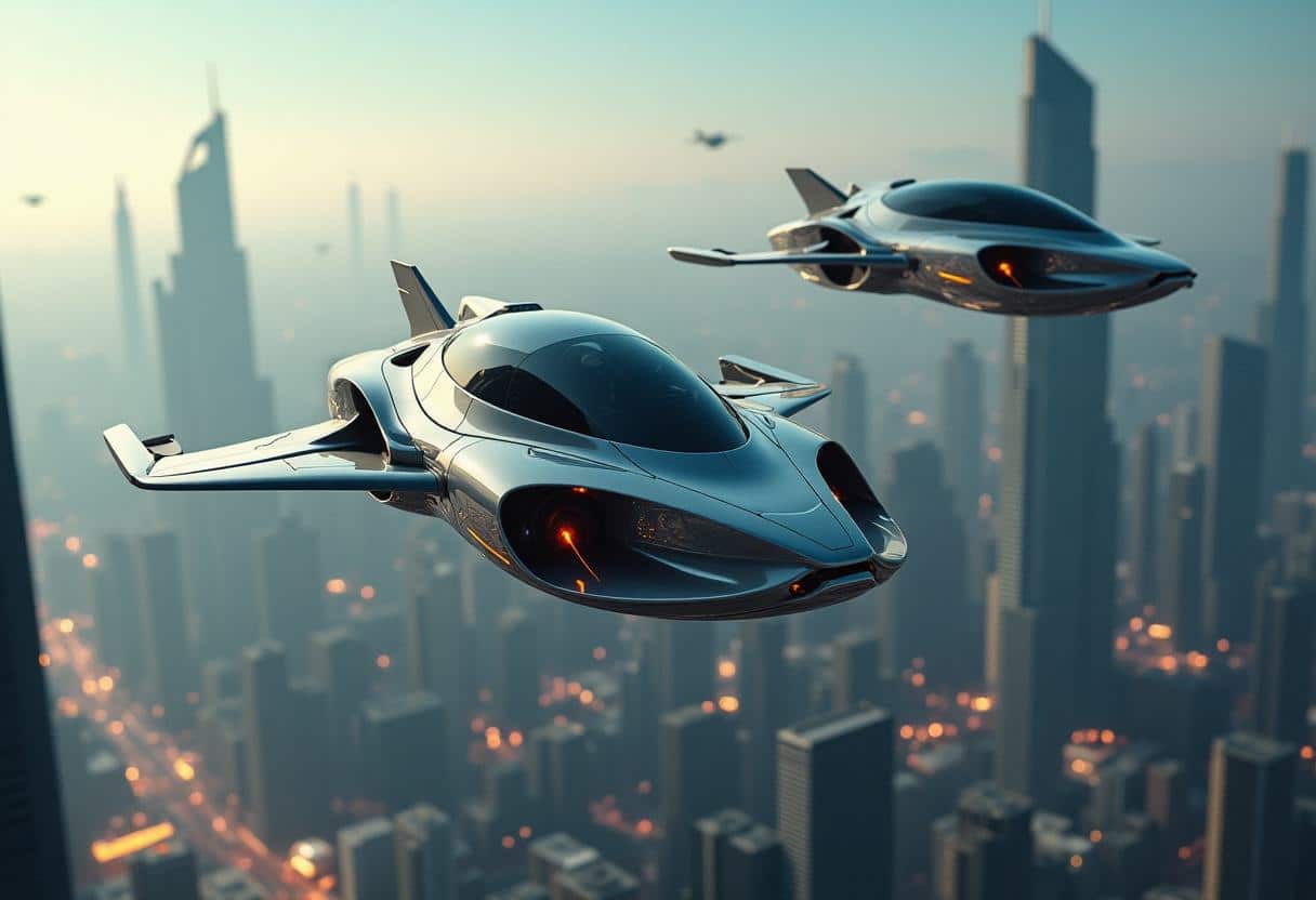 Dos autos voladores futuristas sobrevolando una ciudad del futuro al amanecer – Mundo Chido