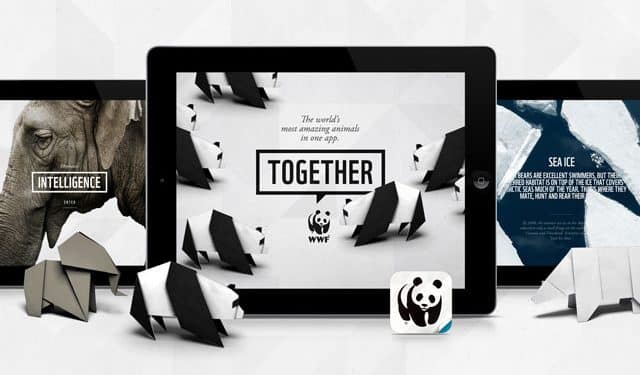 Imagen con origami de animales, un elefante, pandas y logo de WWF junto al texto 'Together', sobre una tableta y fondo gris – Mundo Chido
