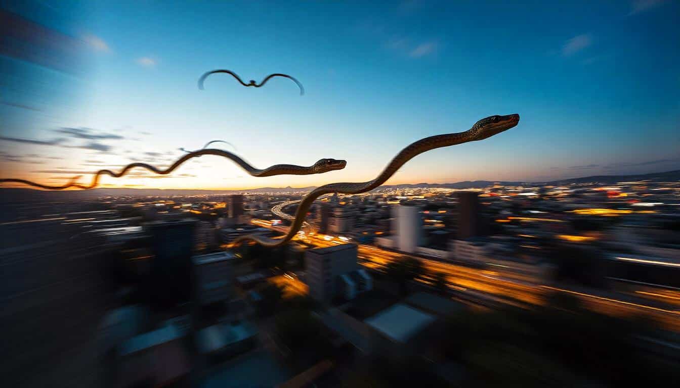 Imagen surrealista de serpientes voladoras sobre una ciudad al atardecer, con movimiento borroso en el fondo.