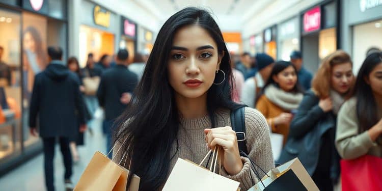 Mujer joven de cabello oscuro caminando por un centro comercial con varias bolsas de compras en las manos.