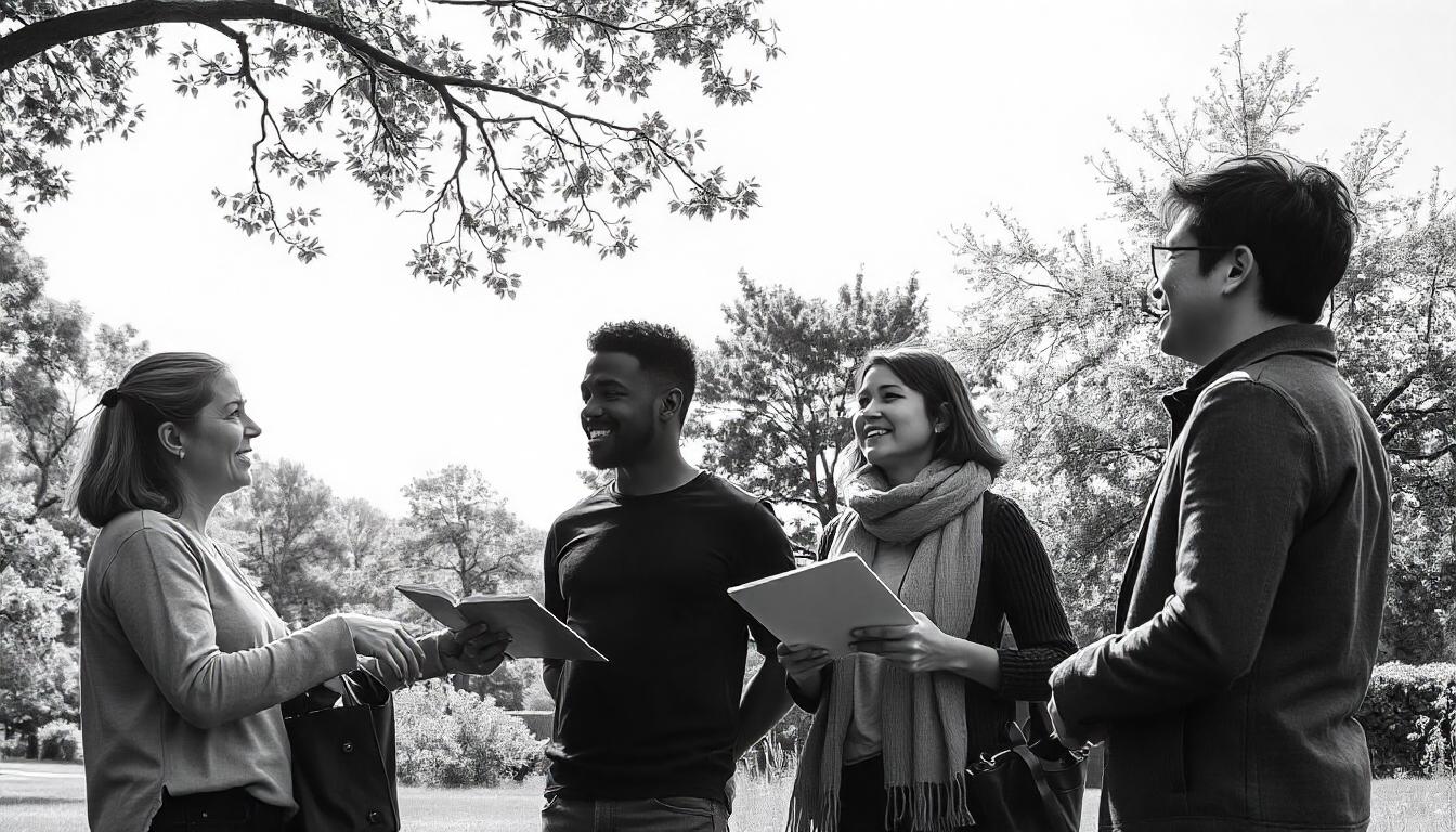 Grupo de jóvenes conversando al aire libre bajo un árbol en un parque, imagen en blanco y negro – Mundo Chido