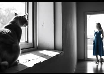 Fotografía en blanco y negro de un gato en la ventana observando a una mujer de pie al otro lado de la habitación.