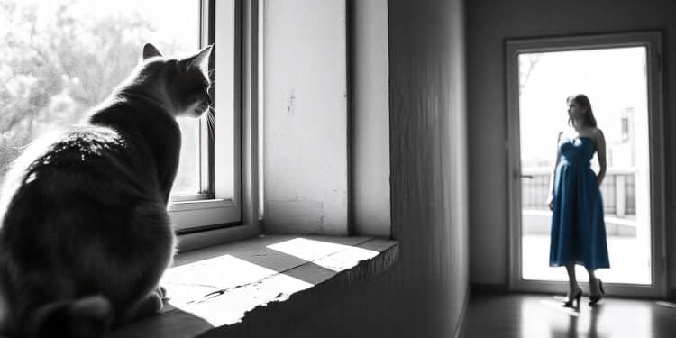 Fotografía en blanco y negro de un gato en la ventana observando a una mujer de pie al otro lado de la habitación.