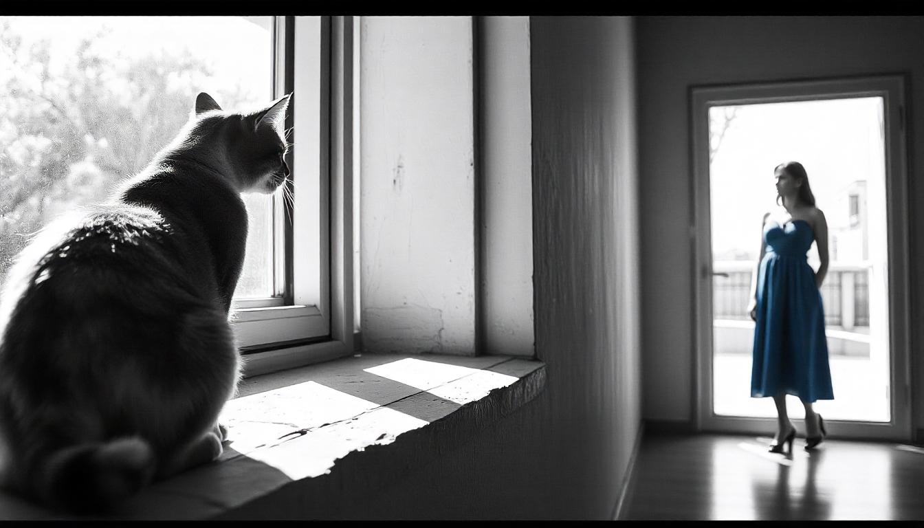 Fotografía en blanco y negro de un gato en la ventana observando a una mujer de pie al otro lado de la habitación.