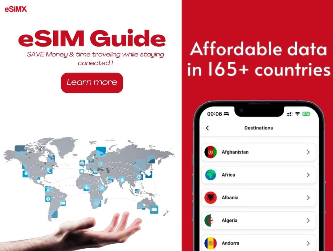 Banner que muestra el título 'eSIM Guide' con encabezado rojo y fondo transparente.
