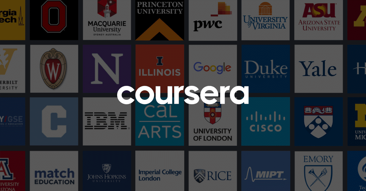 Collage de logotipos de universidades como Georgia Tech, Macquarie University, Princeton y otras, que ilustra las instituciones asociadas con Coursera.