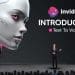 Presentación de InVideo con una pantalla que muestra un robot humanoide y un presentador anunciando la función 'Text to Video'.