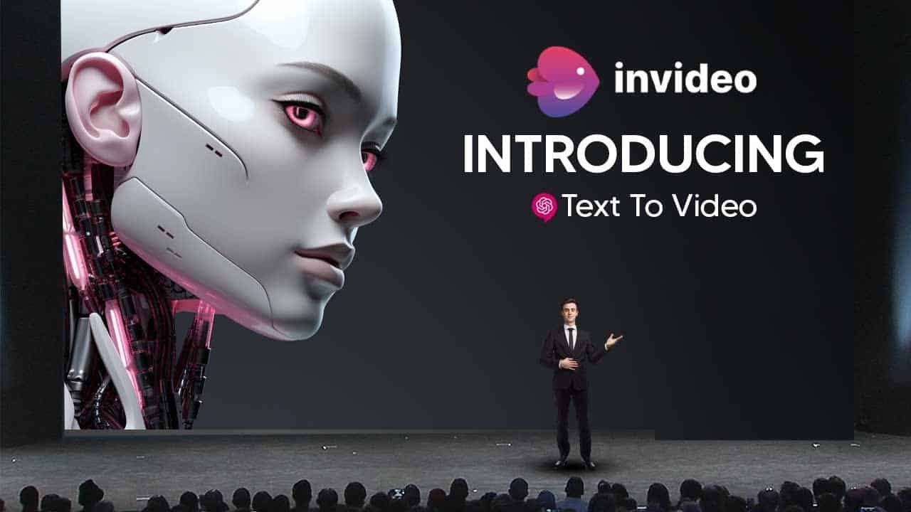 Presentación de InVideo con una pantalla que muestra un robot humanoide y un presentador anunciando la función 'Text to Video'.