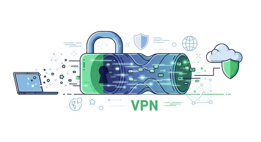 Ilustración de un concepto de VPN que muestra un ordenador portátil conectado a través de un gran candado a una nube segura, con símbolos digitales y la palabra VPN debajo del candado.