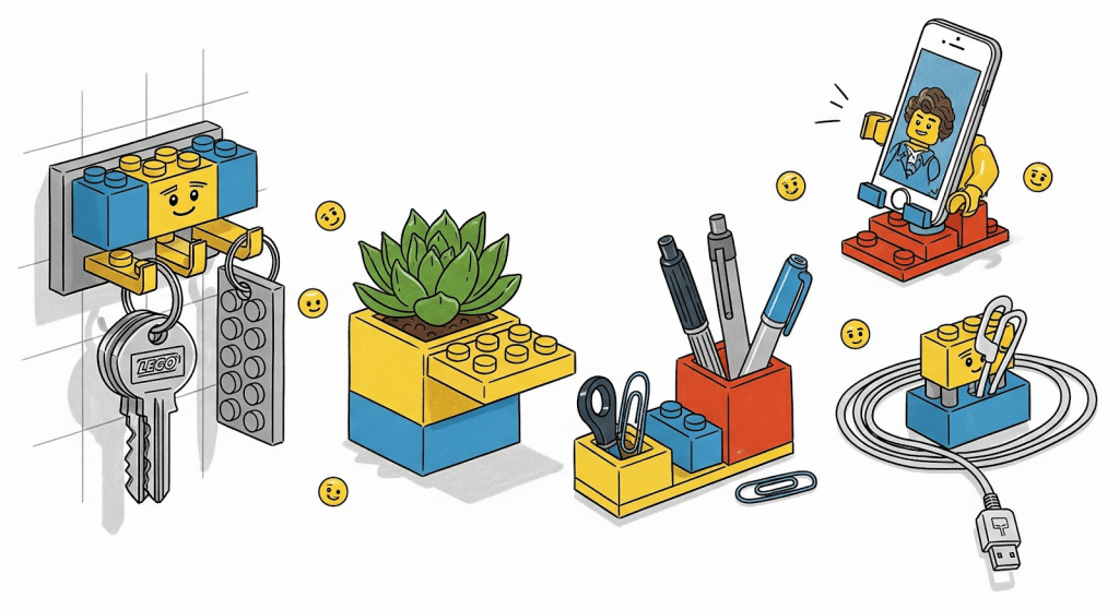 Los bloques de Lego se utilizan para crear prácticos organizadores de escritorio: un portallaves en la pared, un macetero, un soporte para bolígrafos y tijeras, un soporte para el teléfono y un soporte para cables, todos ellos con alegres caras de Lego.