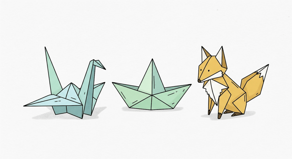 Tres coloridas figuras de origami sobre fondo blanco: una grulla azul a la izquierda, un barco verde en el centro y un zorro amarillo con el pecho blanco a la derecha.