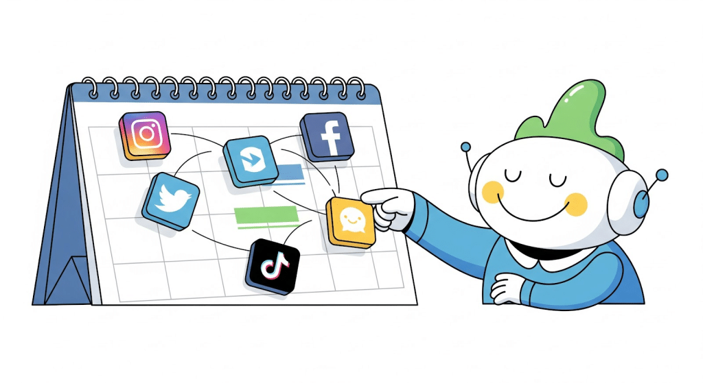 Un alegre robot señala un calendario de escritorio que muestra iconos de redes sociales -Instagram, Facebook, Twitter, TikTok y otras- conectados con flechas, sugiriendo una estrategia de planificación de contenidos en redes sociales.