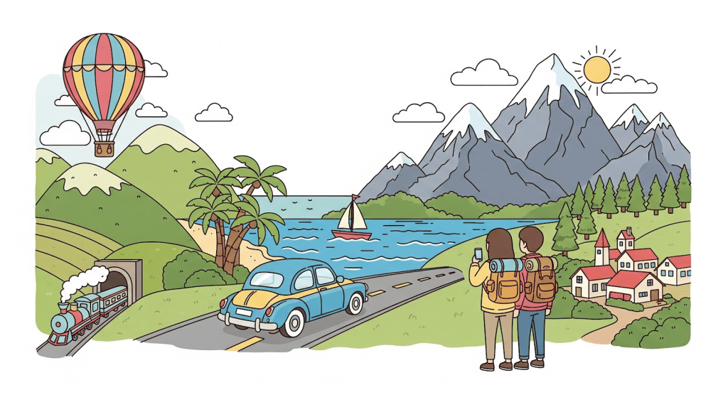 Dos personas con mochilas se enfrentan a un paisaje escénico con montañas, un lago, un velero, un pueblo, una carretera con un coche azul, un globo aerostático, árboles y un tren que sale de un túnel bajo un cielo soleado. - Mundo Chido Dos personas con mochilas se enfrentan a un paisaje escénico con montañas, un lago, un velero, un pueblo, una carretera con un coche azul, un globo aerostático, árboles y un tren que sale de un túnel bajo un cielo soleado.