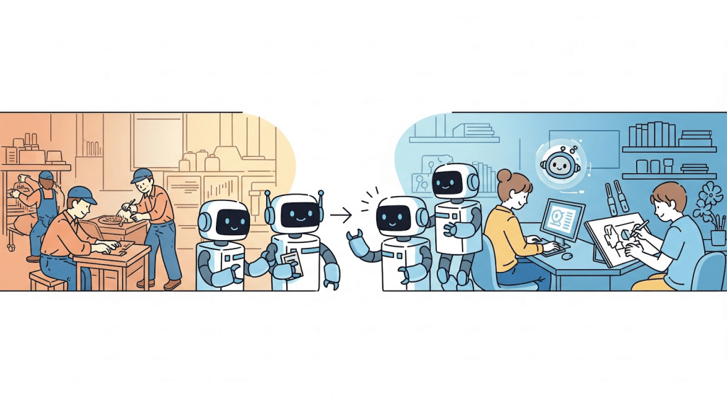 Ilustración que muestra a humanos y robots trabajando juntos: a la izquierda, las personas trabajan con herramientas; a la derecha, los humanos colaboran con simpáticos robots en ordenadores y tareas digitales en un espacio de trabajo moderno.