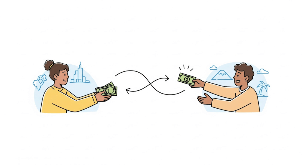 Ilustración de una mujer y un hombre intercambiando dinero. La mujer está en un entorno urbano y el hombre en un lugar tropical. Las flechas curvas entre ambos sugieren una transferencia o intercambio.