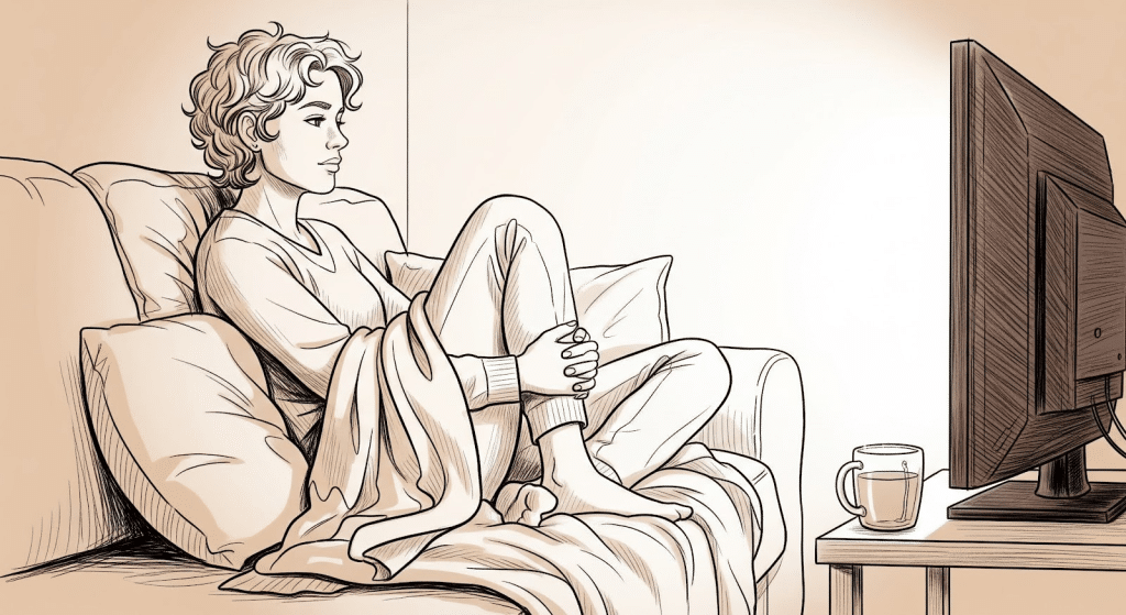 Una persona con el pelo rizado está sentada en un acogedor sofá, abrazada a sus rodillas mientras ve la televisión. Una manta cubre su regazo y una taza está sobre una mesa cercana. La escena tiene un ambiente cálido y relajado.