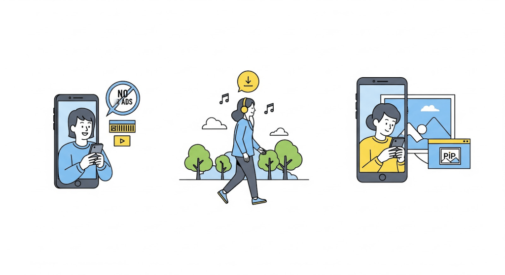 Tres ilustraciones: izquierda, una persona utiliza un teléfono con un cartel de "No Ads"; centro, una persona camina con auriculares al aire libre; derecha, una persona aparece en la pantalla de un teléfono haciendo multitarea con música y ventanas picture-in-picture.