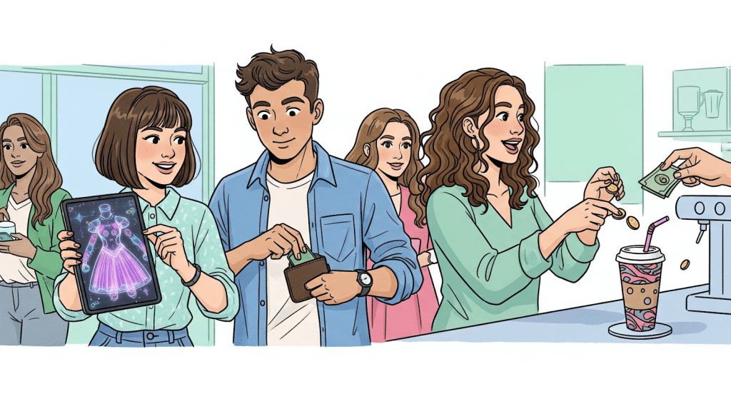 Una niña muestra el diseño de un vestido brillante en una tableta, mientras un niño paga con tarjeta y una mujer paga con efectivo y monedas una bebida en un mostrador, con otra mujer esperando en la cola.