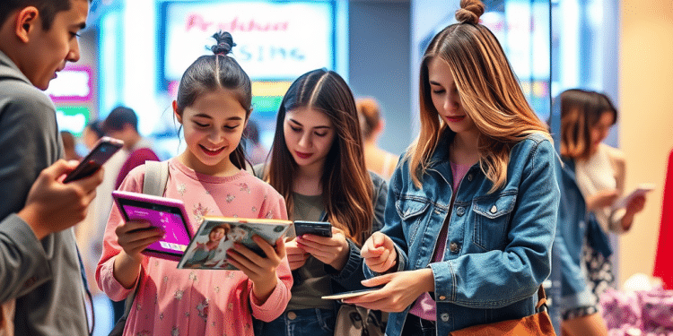 Tres mujeres jóvenes están de pie en una tienda muy iluminada, sonriendo mientras miran revistas y libros. Al fondo se ven otros compradores, algunos con sus teléfonos. El ambiente es animado y moderno.