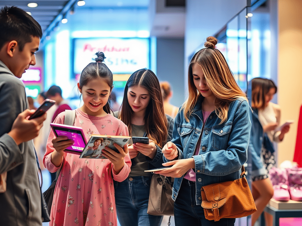 Tres mujeres jóvenes están de pie en una tienda muy iluminada, sonriendo mientras miran revistas y libros. Al fondo se ven otros compradores, algunos con sus teléfonos. El ambiente es animado y moderno.