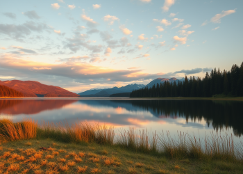 La luz dorada del sol ilumina la hierba junto a un tranquilo lago, con pinos y montañas lejanas reflejados en el agua bajo un cielo salpicado de nubes al amanecer o al atardecer.