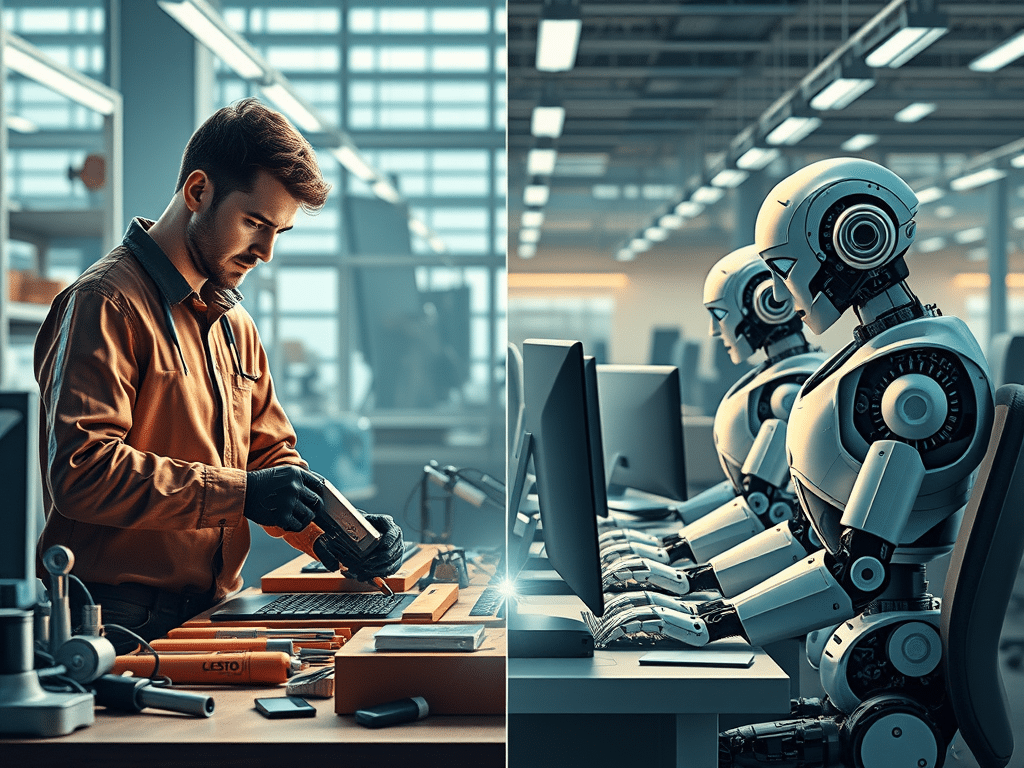 Escena dividida que muestra a un hombre trabajando con herramientas en electrónica en un taller, a la izquierda, y a robots humanoides tecleando en ordenadores en una moderna oficina, a la derecha.