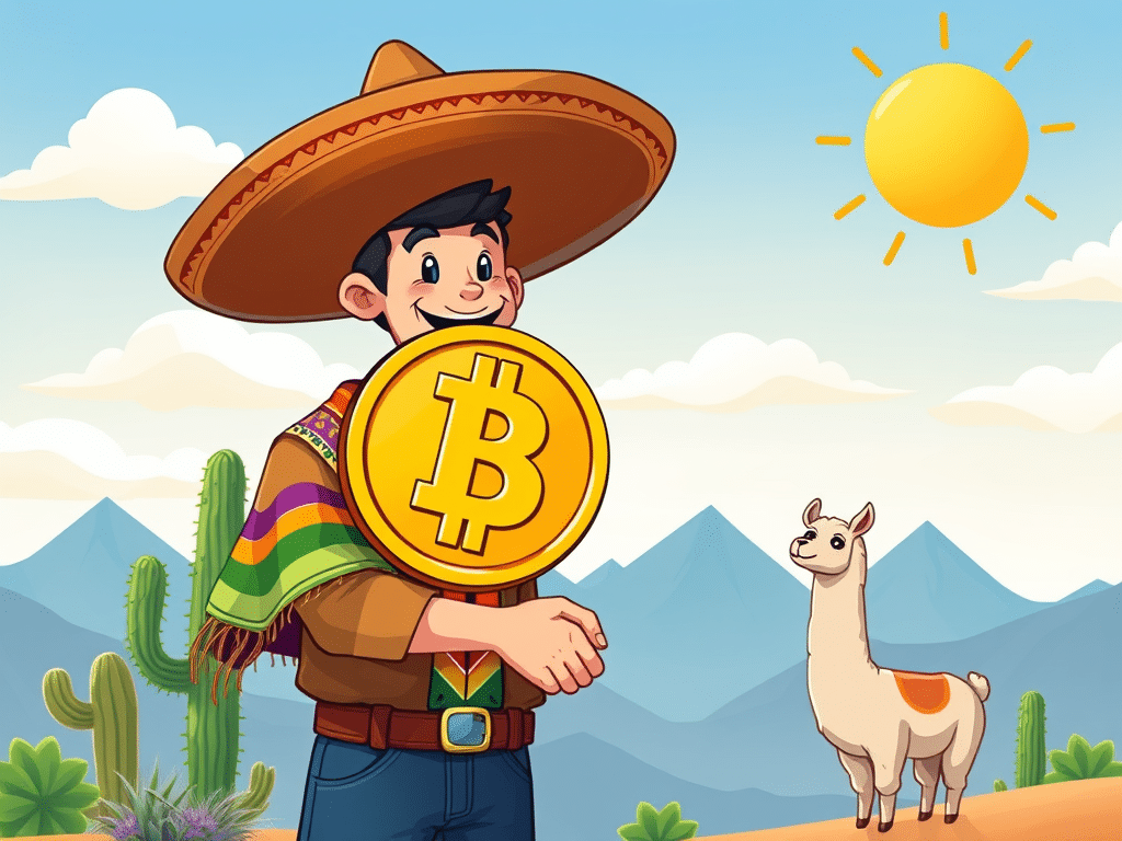 Un hombre sonriente con sombrero sostiene un gran símbolo de Bitcoin delante de él. Está en un paisaje desértico con cactus, montañas, una llama y un sol brillante en el cielo.