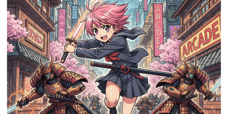 Una chica de estilo anime con el pelo rosa y una espada corre por una calle bordeada de cerezos en flor con salones recreativos y tiendas de ramen, perseguida por robots samuráis blindados. El monte Fuji se ve al fondo.