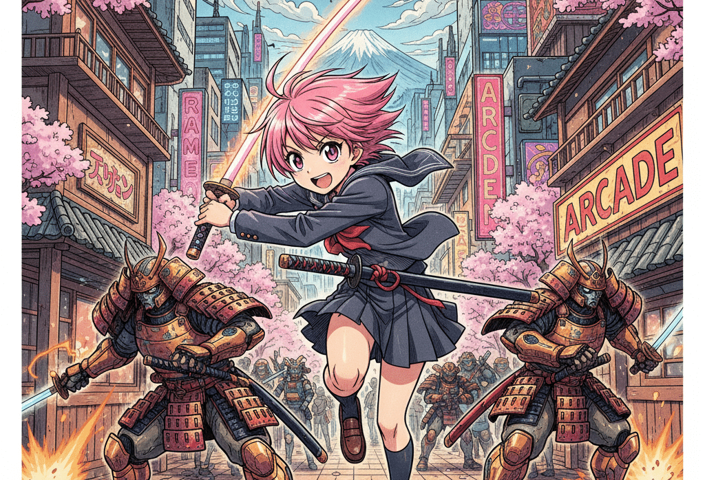 Una chica de estilo anime con el pelo rosa y una espada corre por una calle bordeada de cerezos en flor con salones recreativos y tiendas de ramen, perseguida por robots samuráis blindados. El monte Fuji se ve al fondo.
