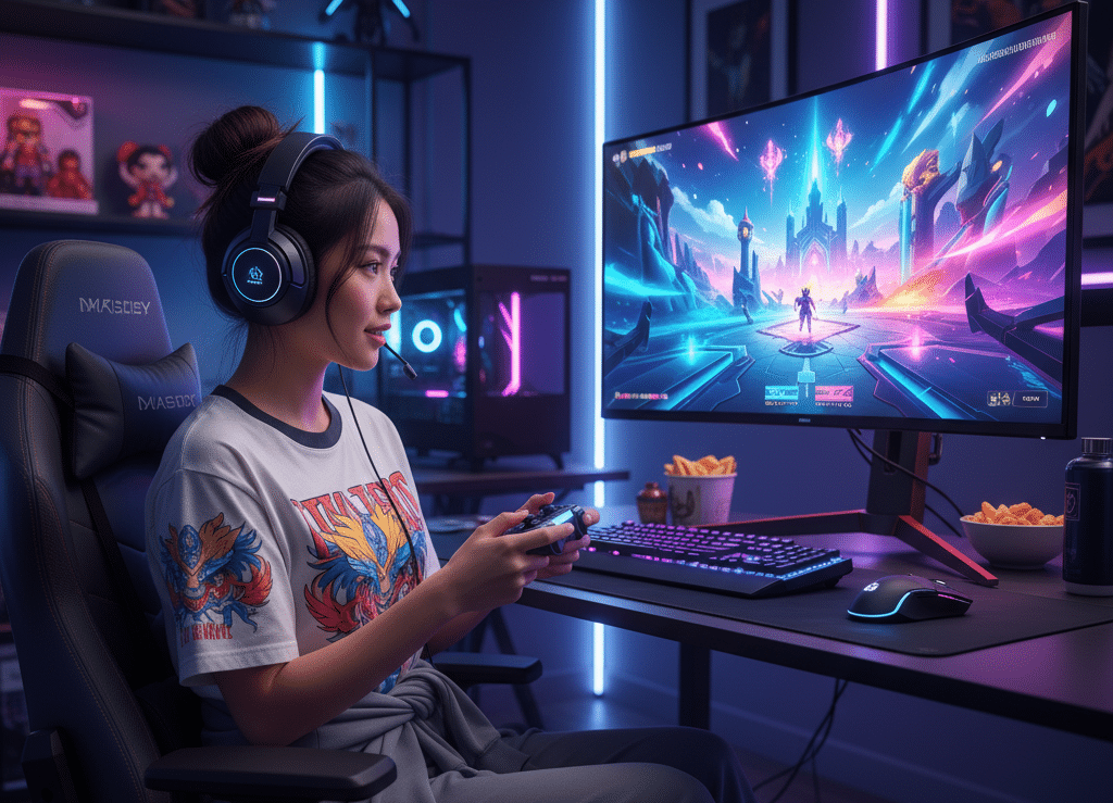 Una joven con auriculares juega a un colorido videojuego de ciencia ficción en un gran monitor curvo en una sala de juegos iluminada con neón, con aperitivos y accesorios de juego sobre el escritorio.