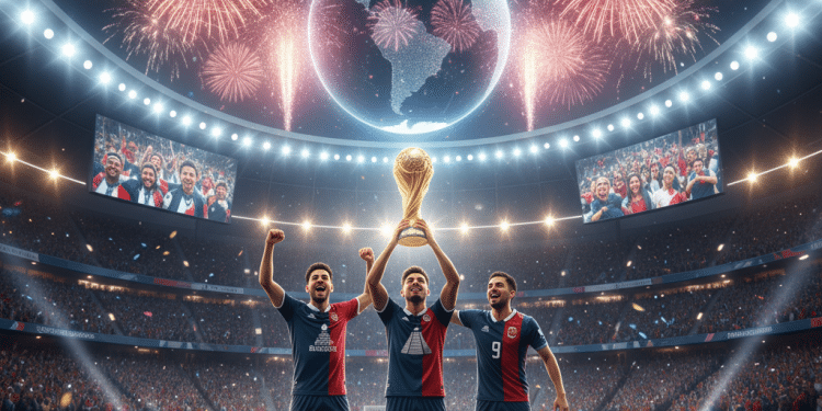 Tres jubilosos jugadores de fútbol sostienen un trofeo en un estadio abarrotado, rodeados de hinchas, confeti y fuegos artificiales. Unas pantallas gigantes y un globo terráqueo iluminado subrayan la celebración mundial.