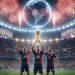 Tres jubilosos jugadores de fútbol sostienen un trofeo en un estadio abarrotado, rodeados de hinchas, confeti y fuegos artificiales. Unas pantallas gigantes y un globo terráqueo iluminado subrayan la celebración mundial.