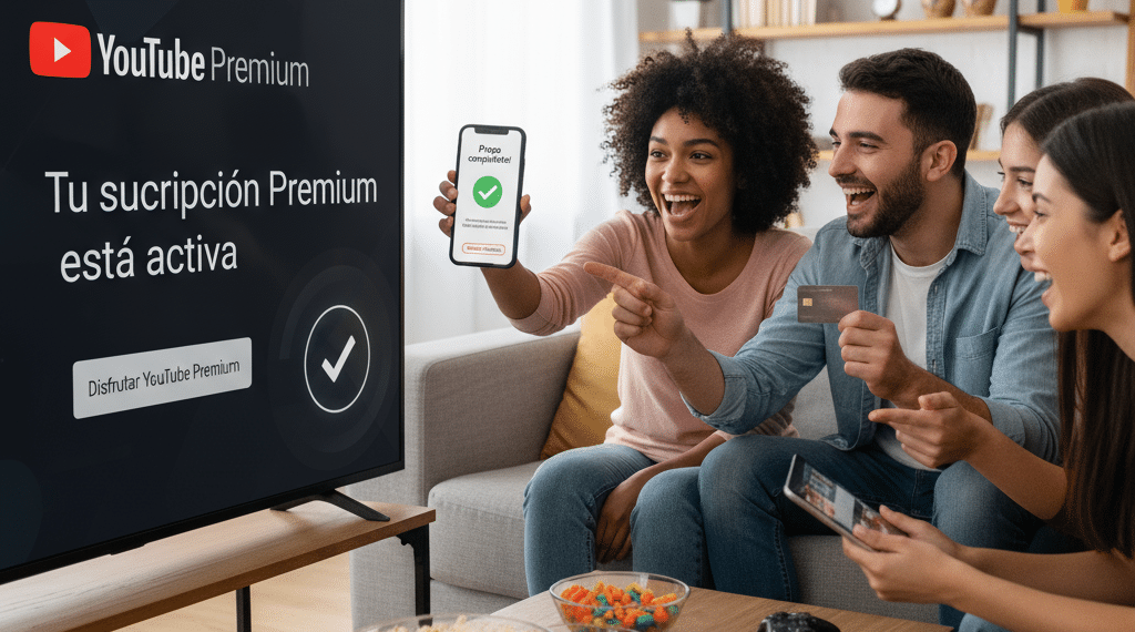 Tres amigos felices sentados en un sofá celebran mientras una pantalla de televisión muestra "Tu suscripción Premium está activa" para YouTube Premium. Una persona muestra una confirmación en su teléfono, mientras que otra sostiene una tarjeta de crédito.