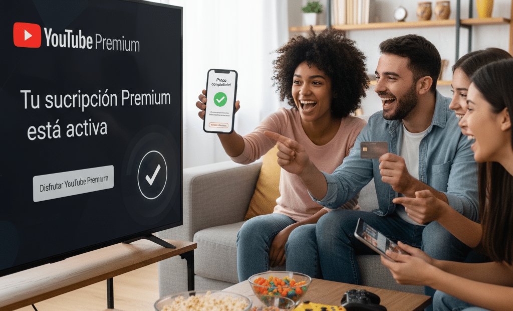 Tres amigos felices sentados en un sofá celebran mientras una pantalla de televisión muestra "Tu suscripción Premium está activa" para YouTube Premium. Una persona muestra una confirmación en su teléfono, mientras que otra sostiene una tarjeta de crédito.