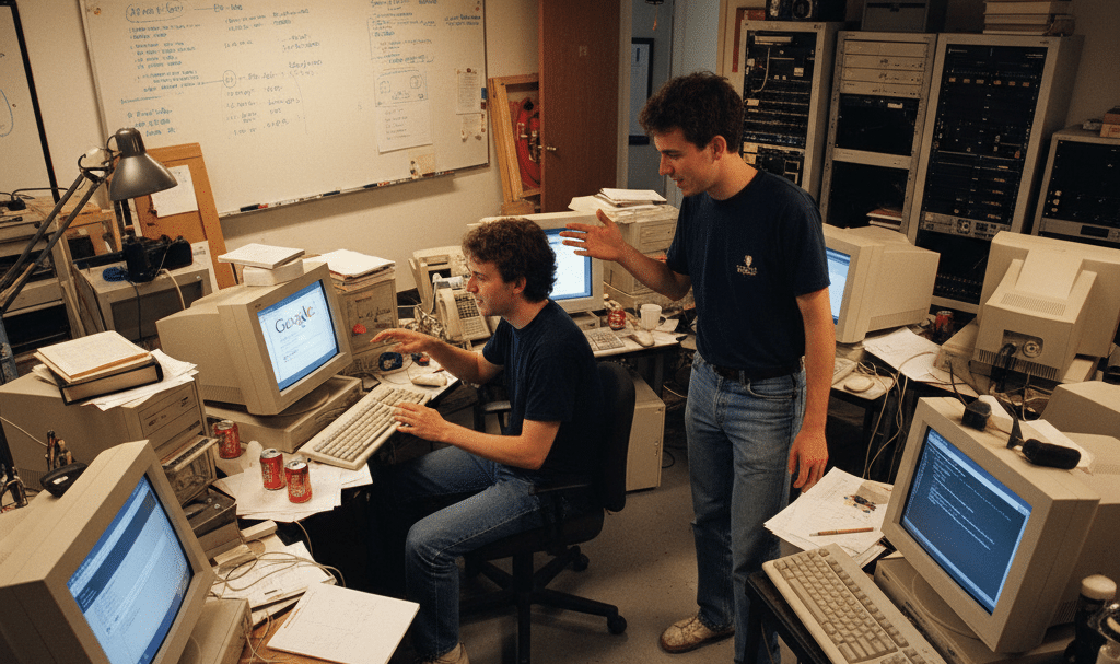 Dos jóvenes trabajan en una oficina desordenada llena de viejos monitores de ordenador, papeles y latas de refresco. Uno teclea en un escritorio que muestra una página de búsqueda de Google, mientras el otro permanece de pie a su lado, gesticulando animadamente.