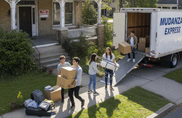 Cinco jóvenes trasladan cajas y muebles de un camión rotulado "Mudanzas Express" a una casa con un cartel de Se Alquila, subiendo las pertenencias por la pasarela y la rampa en un día soleado.