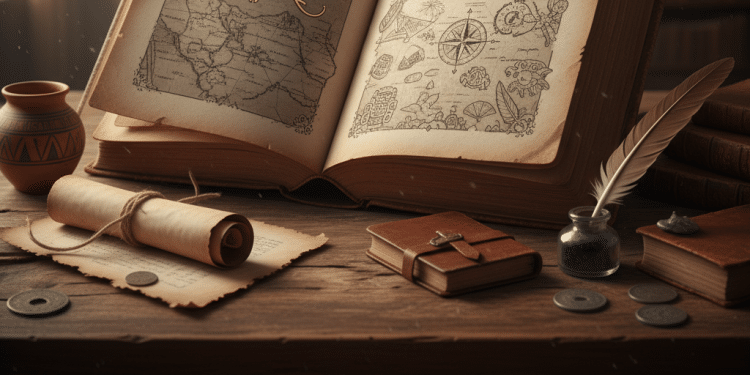 Un viejo libro con mapas está abierto sobre un escritorio de madera junto a un pergamino enrollado, pequeños cuadernos de cuero, monedas, una pluma en un tintero y una vasija de barro, evocando un estudio histórico o de exploradores.