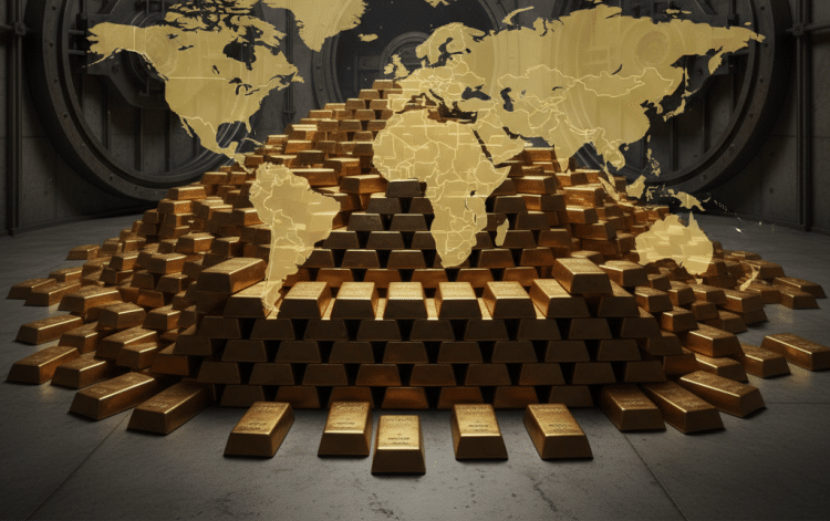 En una cámara acorazada se apilan montones de lingotes de oro, sobre los que se superpone un mapamundi transparente que sugiere riqueza mundial o finanzas internacionales.